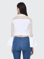 White Flared Fashion Sleeve Carrera Lace Top-2058