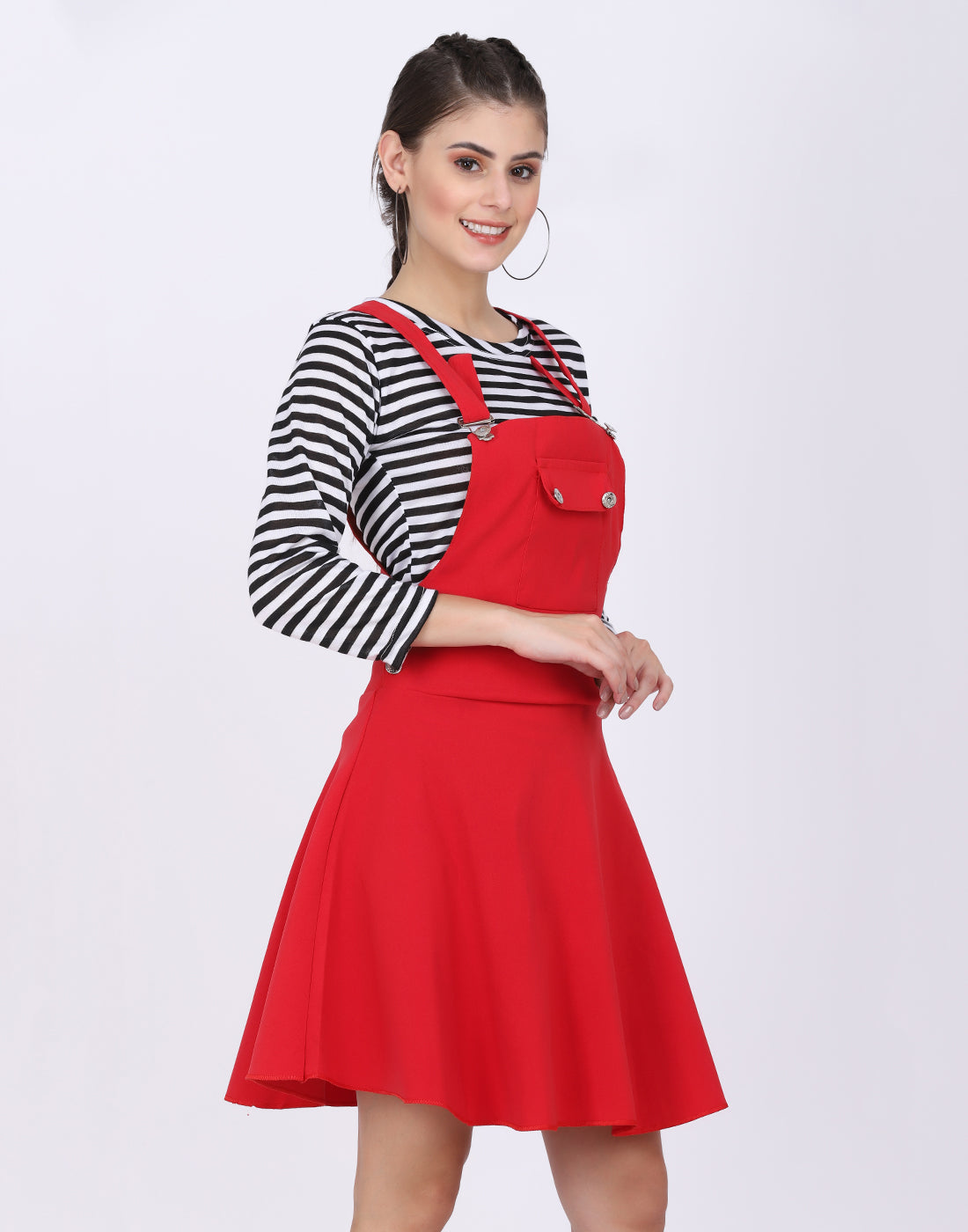 Red Dungaree Skirt with Striped Top 2024