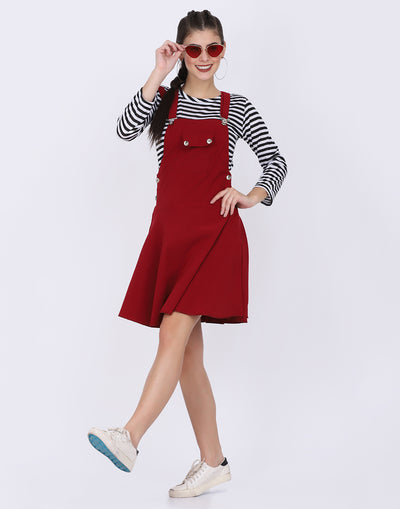 Maroon Dungaree Skirt with Striped Top-2331