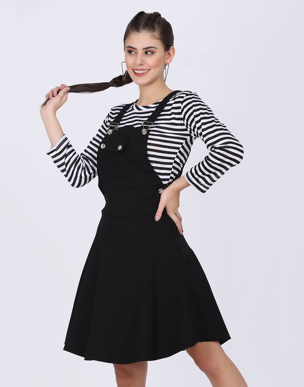 Black Dungaree Skirt with Striped Top Midi Dress-2025
