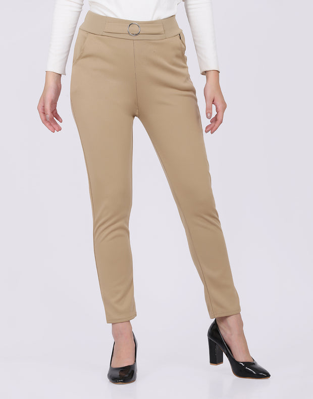 Lycra Beige Skinny Fit Solid Trouser Pant with Buckle-2588