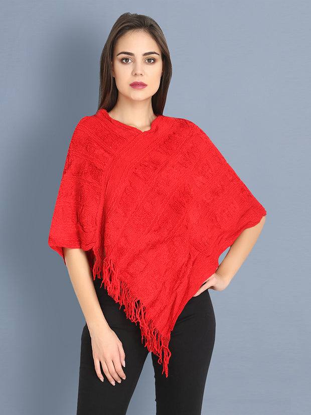 Red Woollen Knit Poncho Top-2408