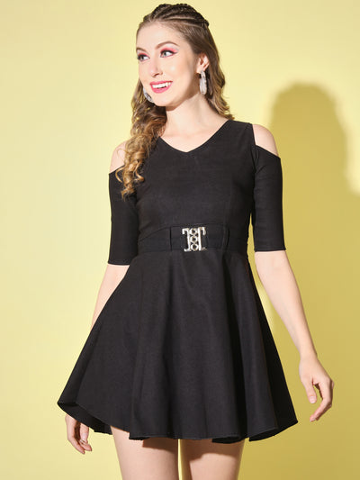 Black Shoulder-Cut Cotton Lycra Short Party Dress-1903B