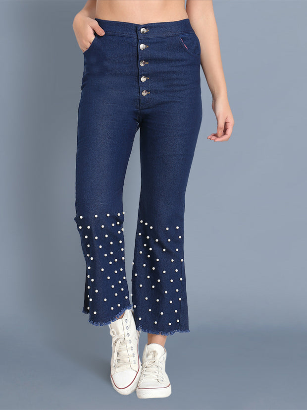 Women's denim Palazzo|Trouser|Jeans|Pant|Casual|Side Button Lite Blue