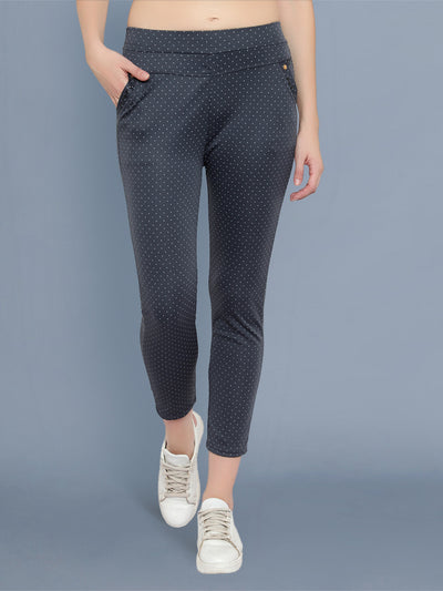 Cotton Lycra Grey Polka Dot Womens Trouser Pant-2571