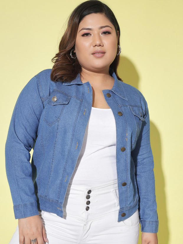 Solid Plus Size Women Denim Jacket-2612PLUS-2612PLUS