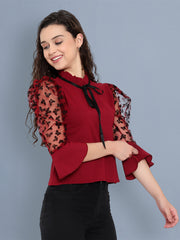 Maroon Twil Butterfly Sleeve Women's Net Top-2542