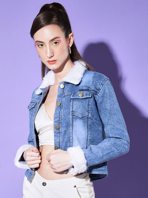 Blue Fur Collar Women Denim Jacket-2999