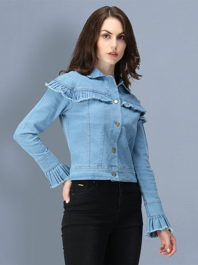 Light Blue Puff Sleeve Denim Women's Jacket-2546