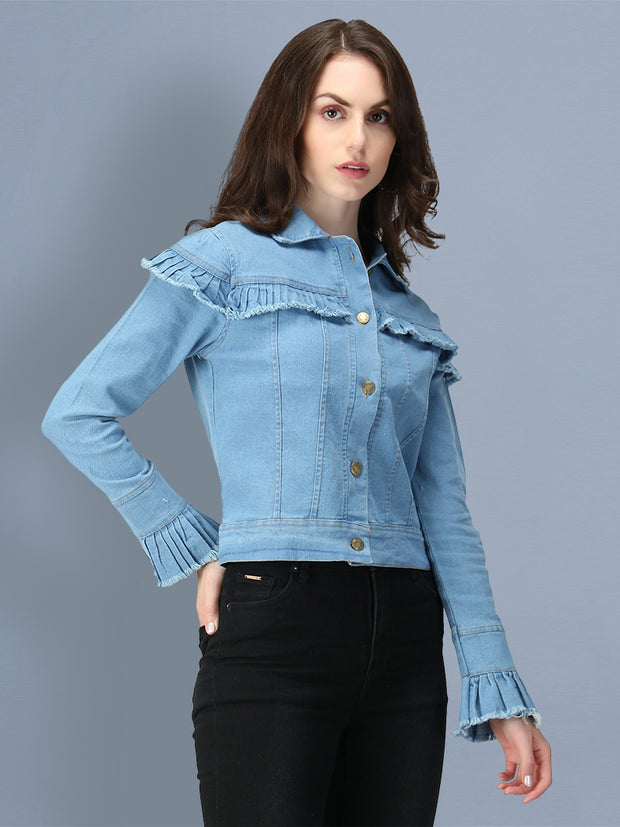 Light Blue Puff Sleeve Denim Women's Jacket-2546