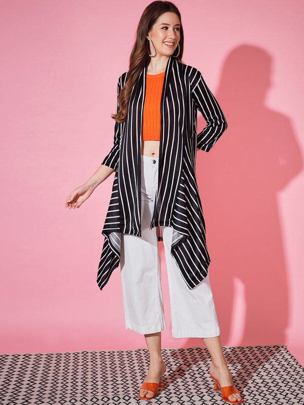 Striped Lycra Women Longline Shrug-3250